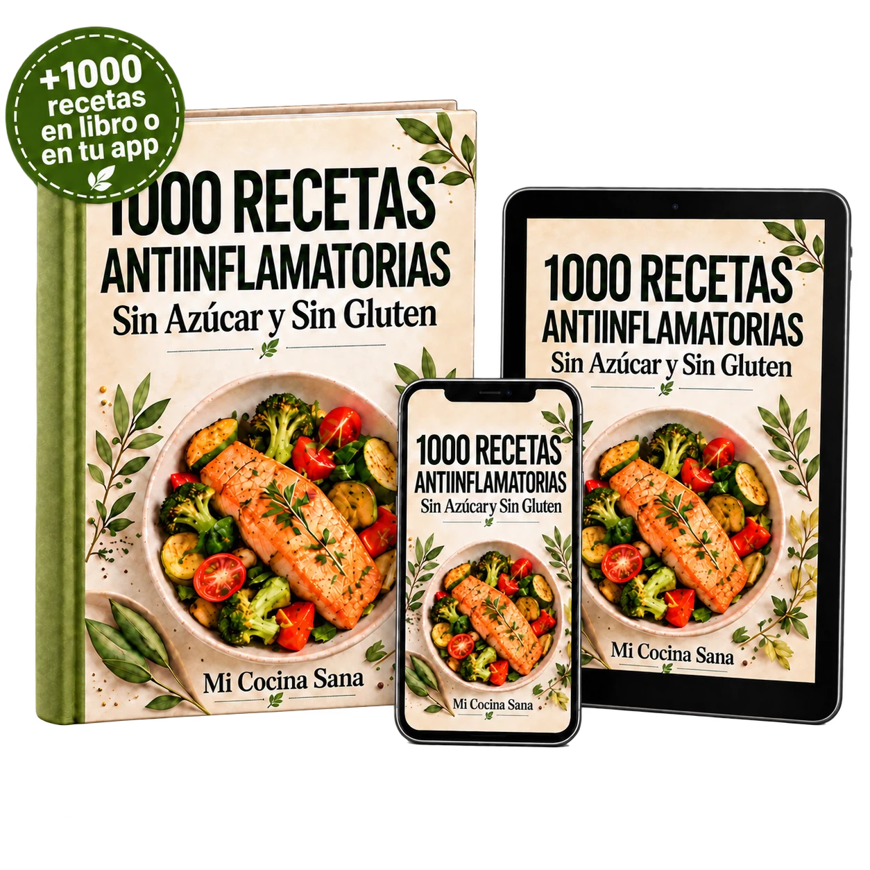 Libro, tablet y móvil con el recetario de más de 1000 recetas antiinflamatorias